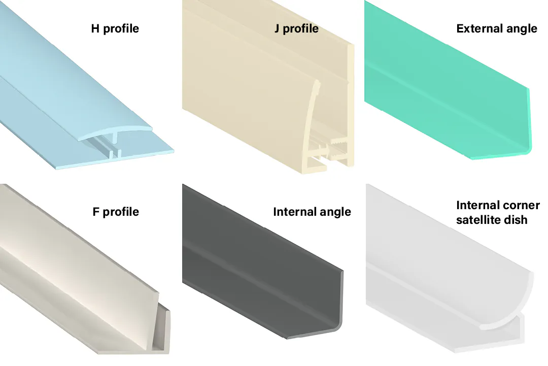 Coverwall trims and accessories including H profile, J profile, external angle, F profile and internal corner trims