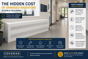 Protective radiator cover in a public building showing maintenance, disruption, appearance and cost benefits.