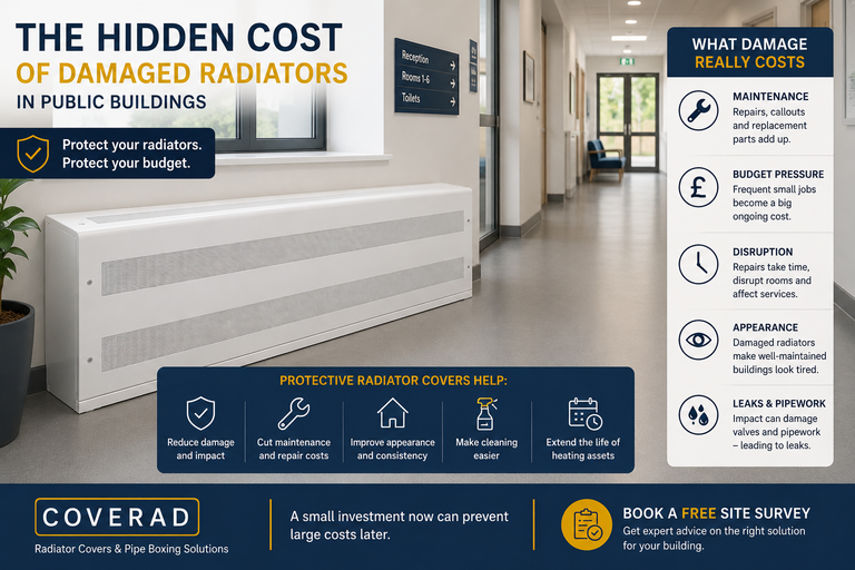 Protective radiator cover in a public building showing maintenance, disruption, appearance and cost benefits.