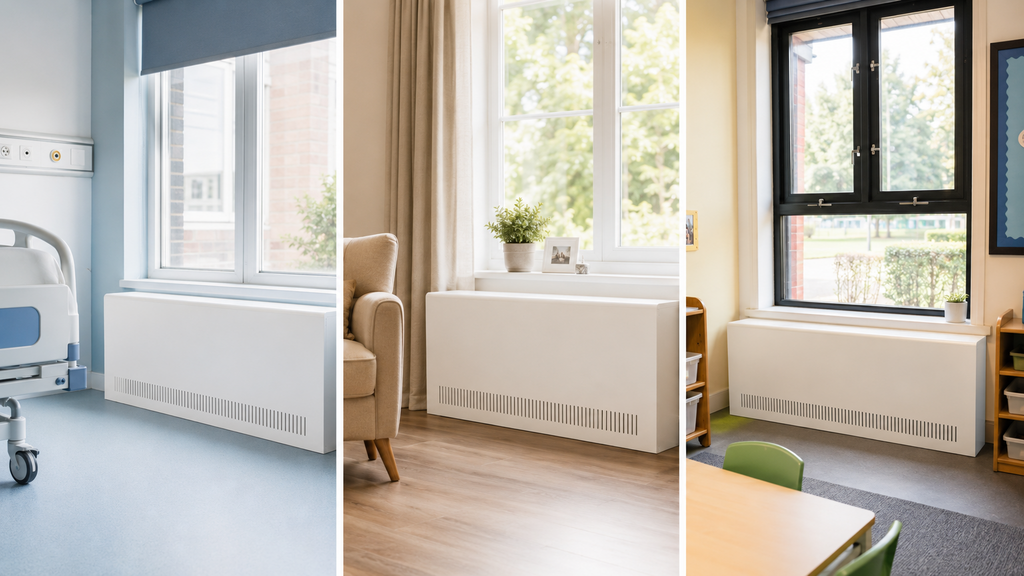 Low surface temperature radiator covers shown in healthcare, care home and school environments.