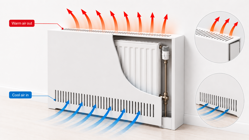 Technical airflow diagram showing cool air entering a radiator cover through lower slots and warm air leaving through top slots.