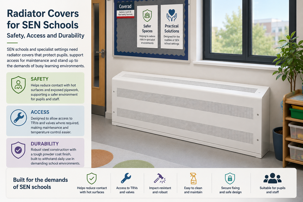 Radiator cover in a SEN school setting highlighting safety, access and durability benefits.