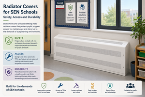 Radiator cover in a SEN school setting highlighting safety, access and durability benefits.