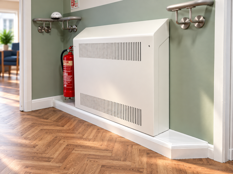 White Eazi-Access radiator cover with a sloping top beside a doorway