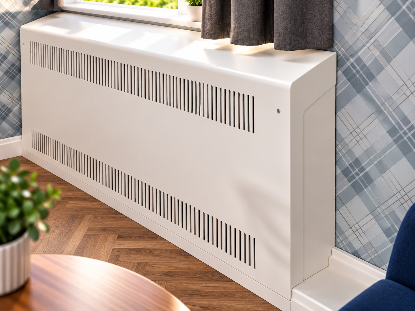 Completed white Eazi-Access radiator casing beneath a window in a nursing-home communal area