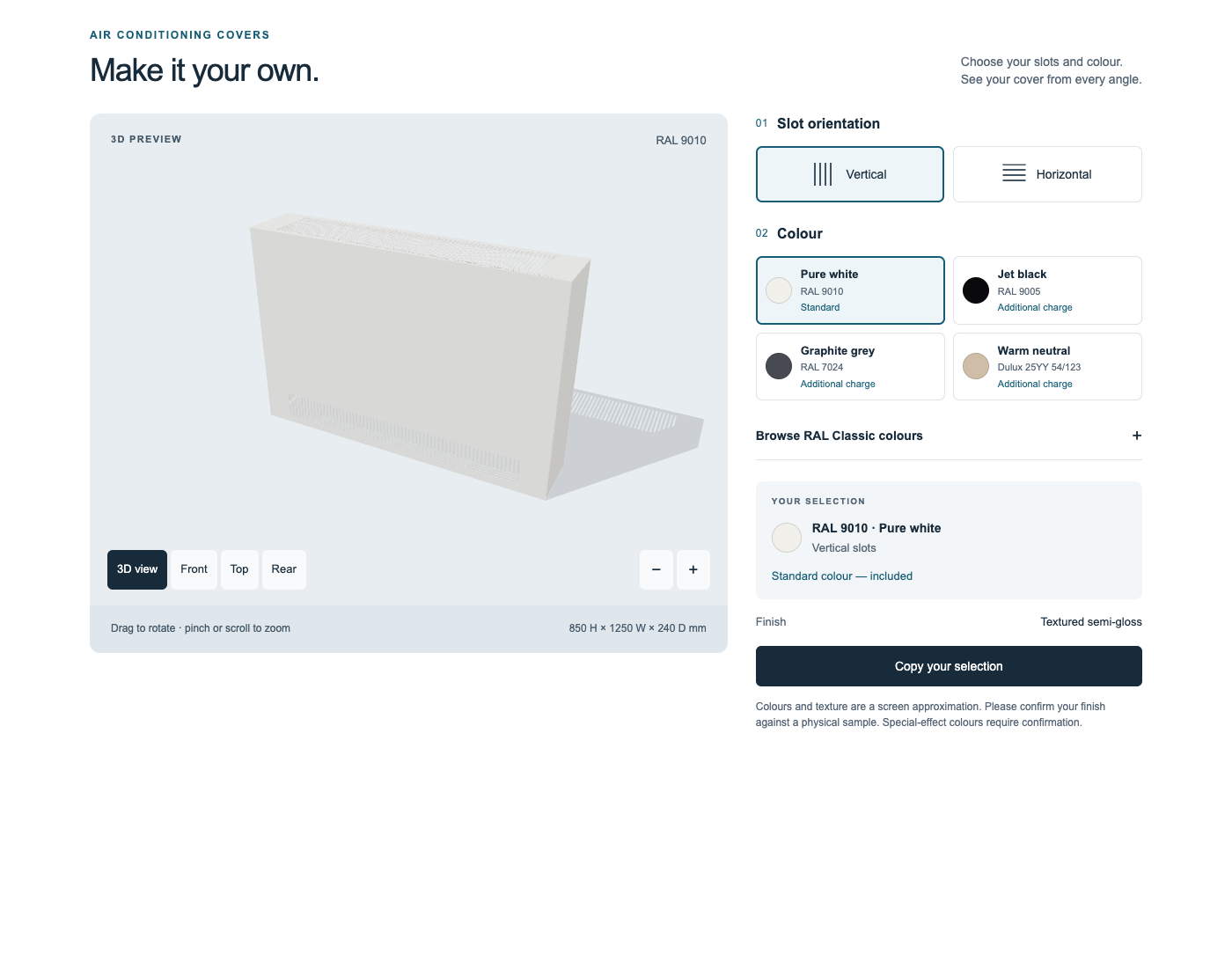 Coverad air-conditioning cover configurator showing a white 3D cover, slot orientation and colour choices.