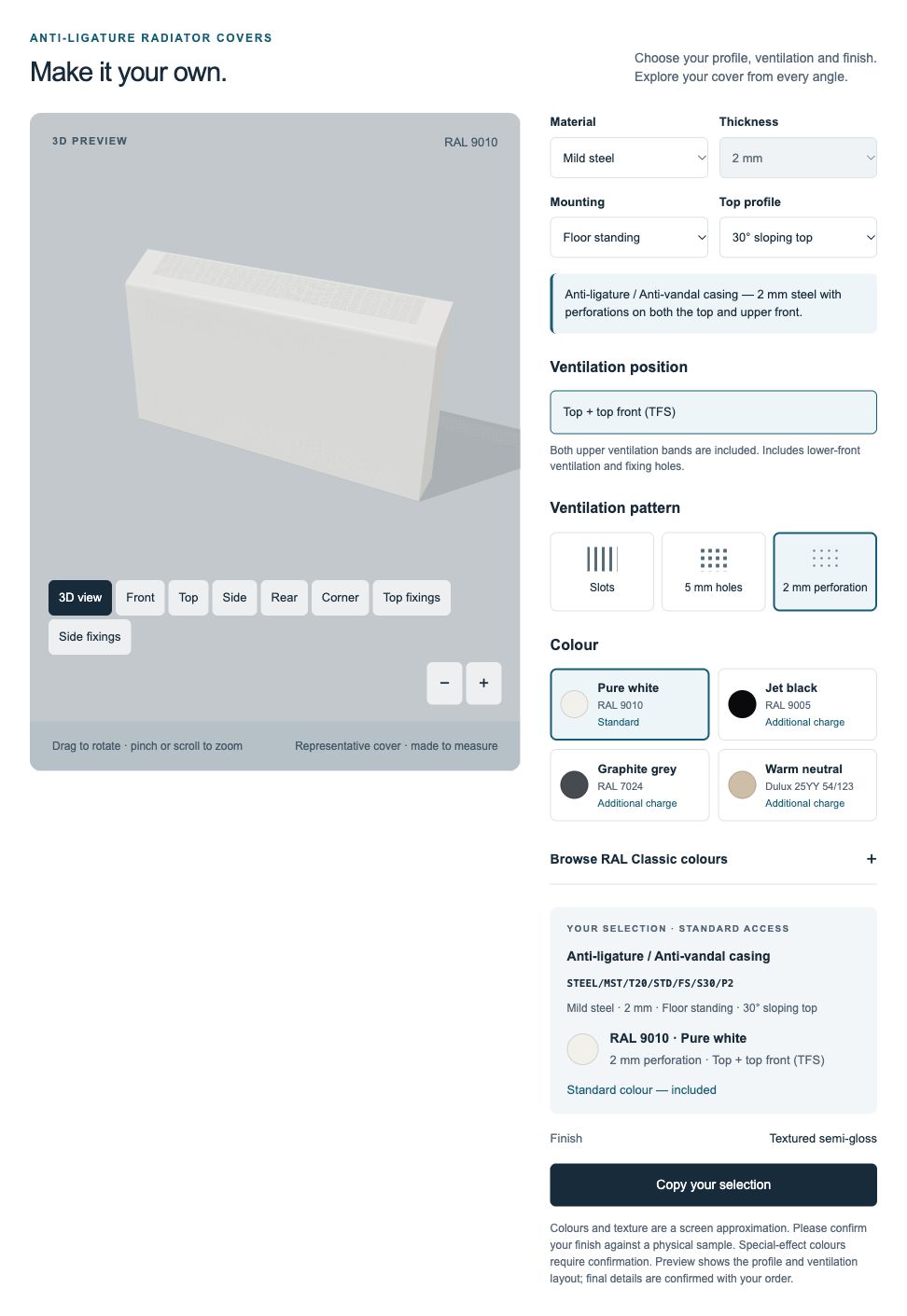 Coverad Anti-Ligature configurator showing a floor-standing 2 mm steel cover with 2 mm perforation and a 30-degree sloping top.
