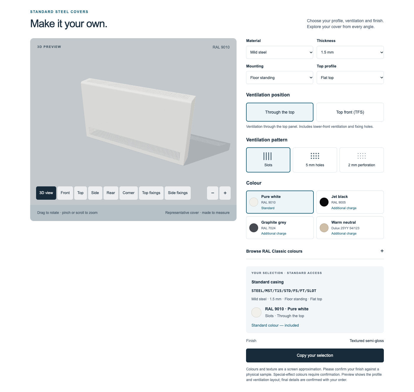 Coverad Standard Steel configurator showing a white radiator cover in 3D alongside material, mounting, ventilation and colour controls.