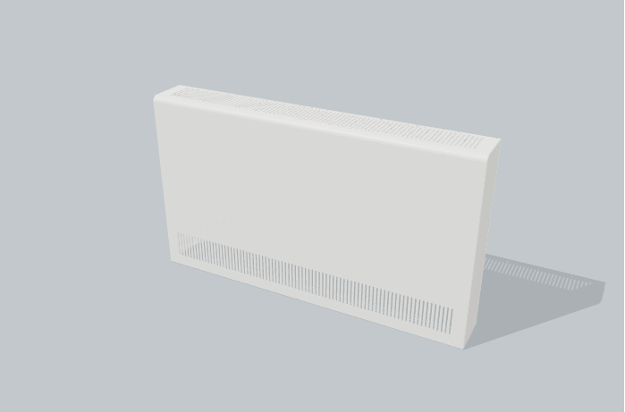3D render of a white Coverad Standard Steel radiator cover with top slots and lower-front ventilation.